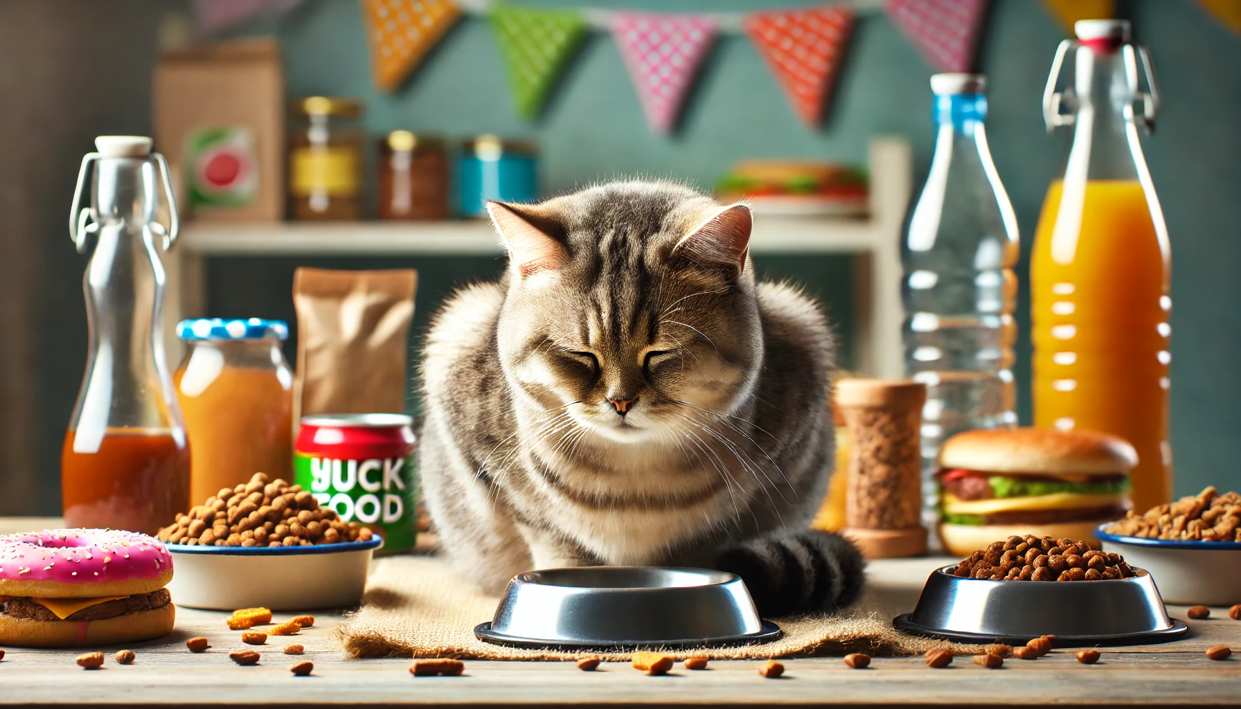 A variety of nutritious foods illustrating a balanced diet for cats.