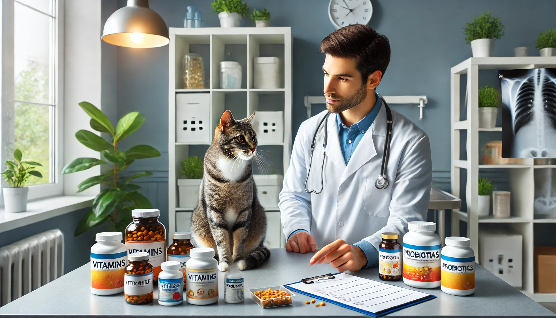 A veterinarian examining a tabby cat with supplement bottles in a modern clinic.
