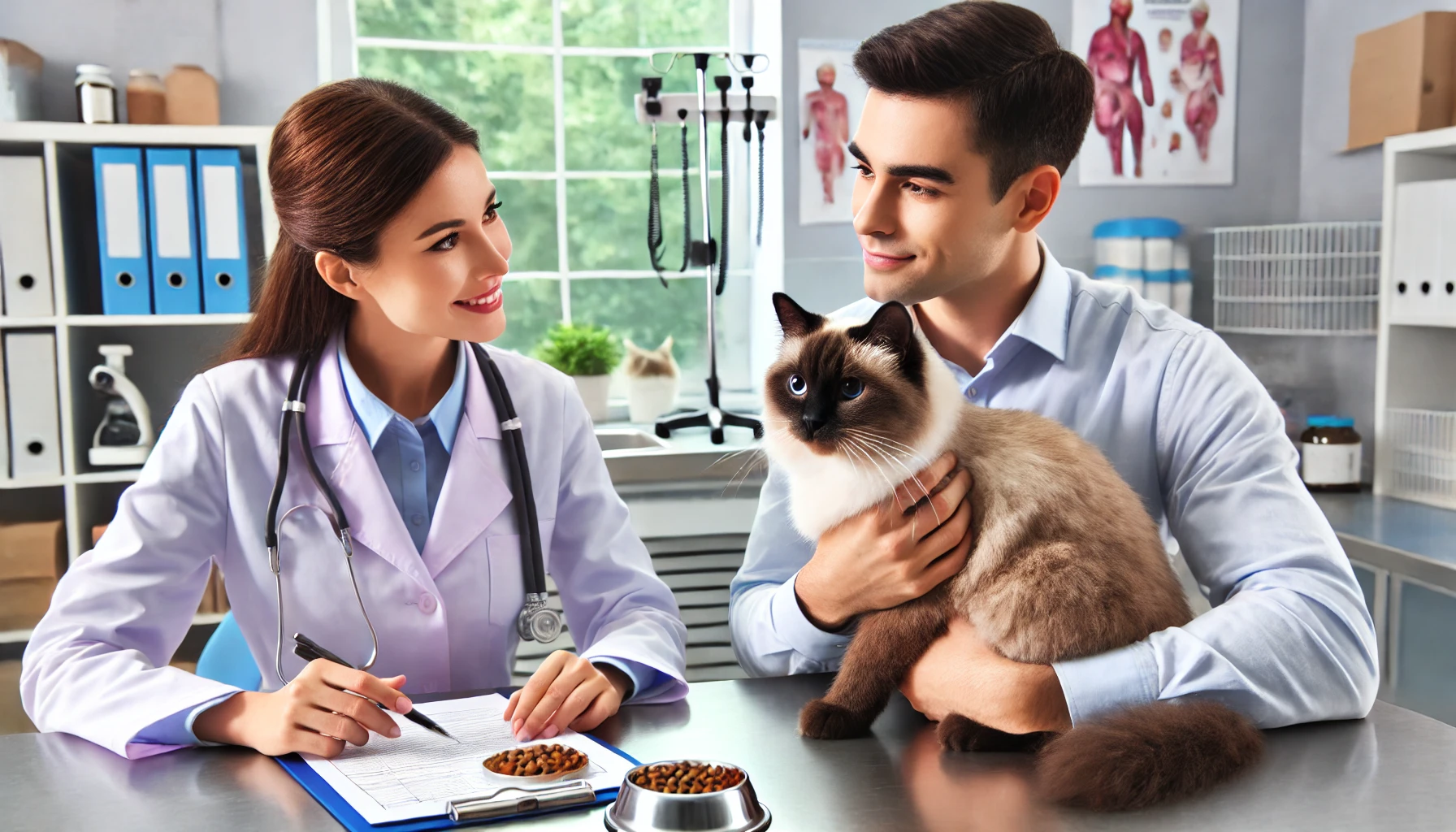 A cat owner discussing dietary concerns with a veterinarian in a clinic.
