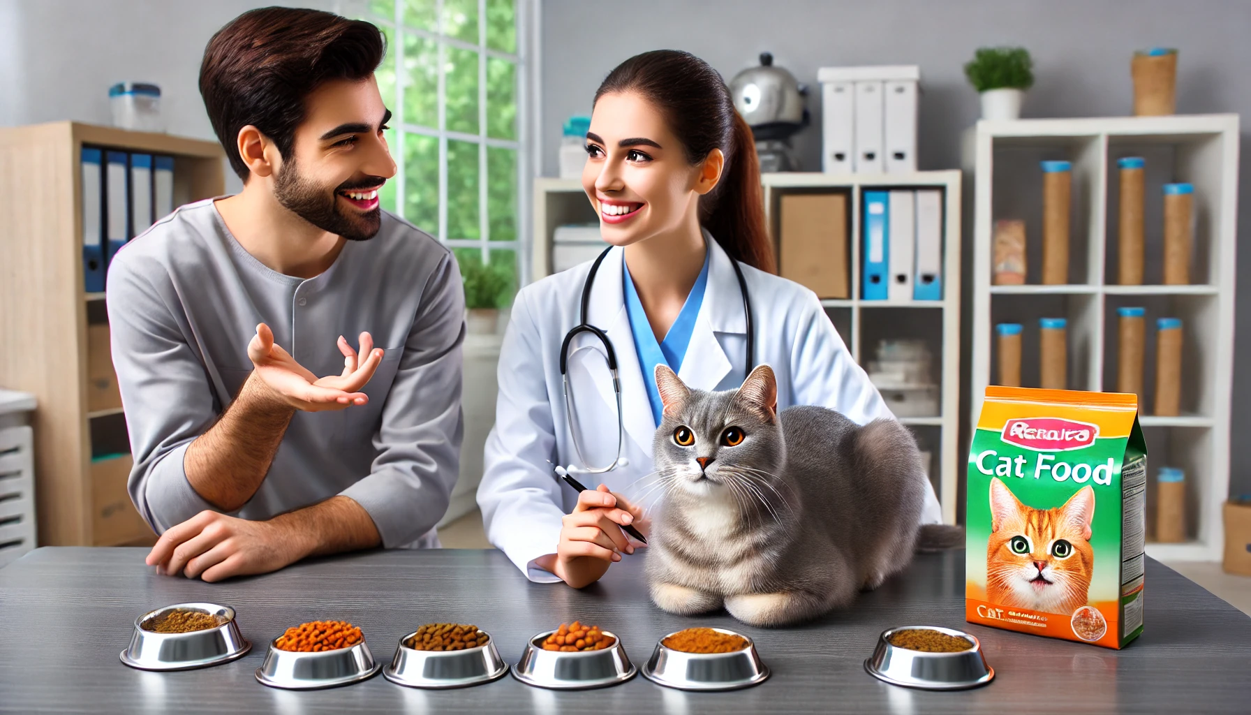 Image depicting a veterinarian giving dietary advice for a healthy cat with various food samples.