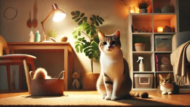 A relaxed domestic cat sitting in a clean, well-lit corner of a living room with healthy ears.