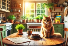 A cozy kitchen with a cat by a bowl of cat food on a table.