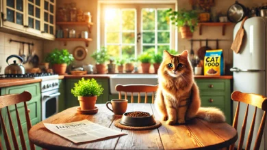 A cozy kitchen with a cat by a bowl of cat food on a table.