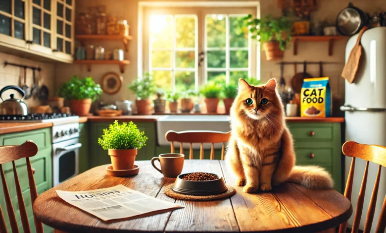 A cozy kitchen with a cat by a bowl of cat food on a table.