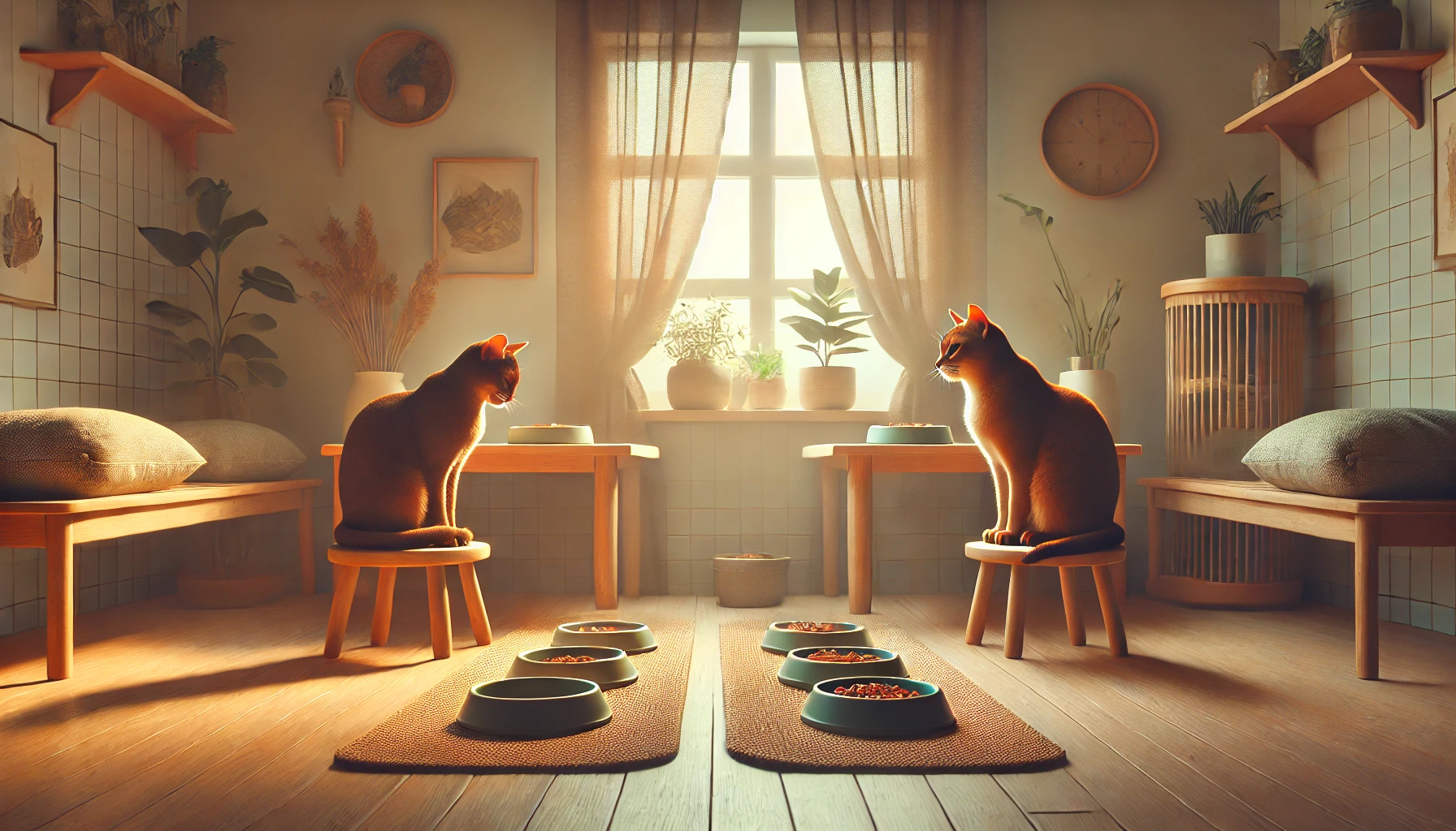 Two Abyssinian cats enjoying meals in a serene, cozy dining area.