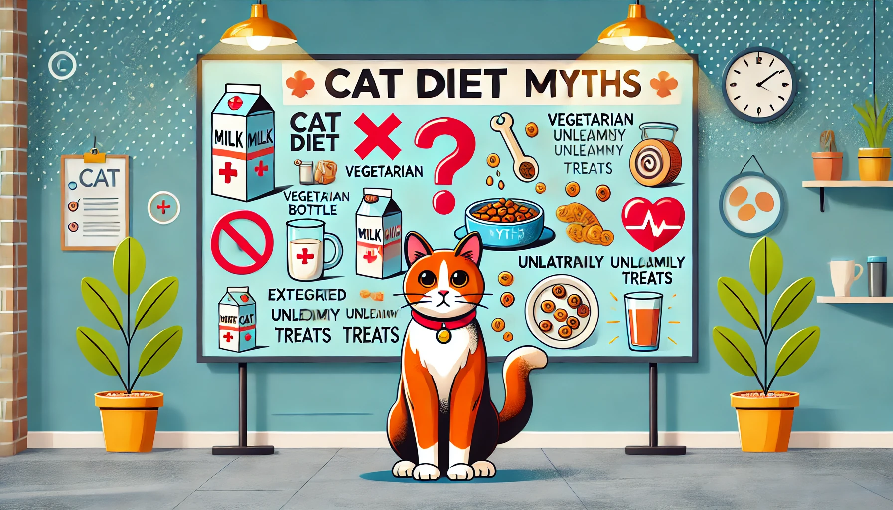 A board illustrating common cat diet myths with a confident cat.
