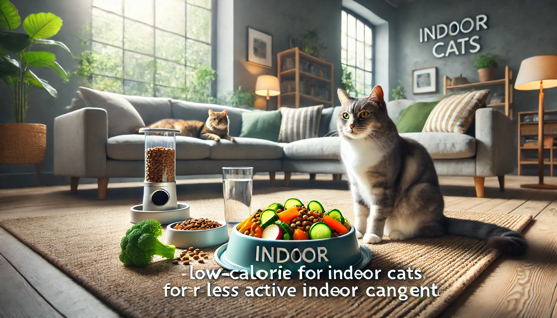 An indoor cat relaxing with a balanced meal, including low-calorie kibble and vegetables.