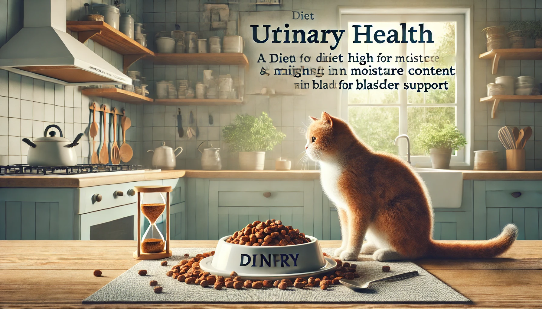 A cat eating wet food designed for urinary health in a cozy kitchen.
