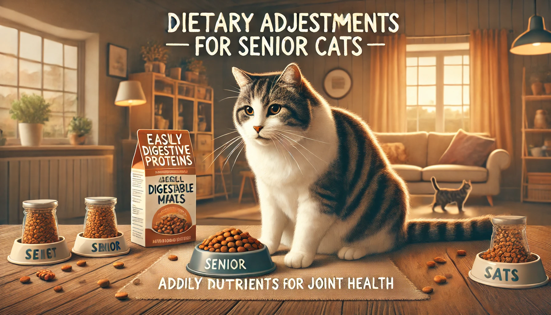 A curious cat near misleading diet symbols like a vegetarian diet and milk, crossed out to indicate misconceptions.