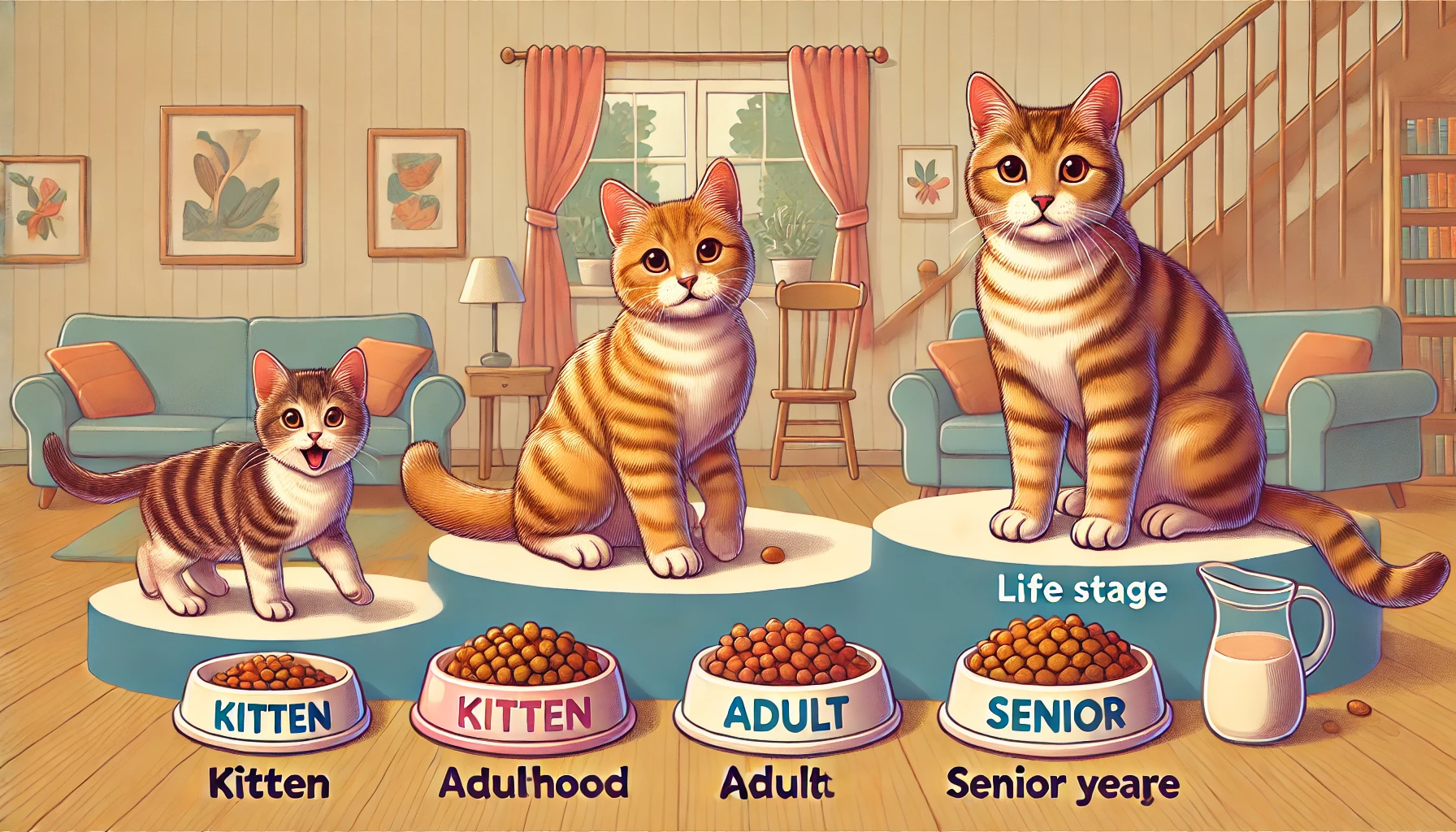 Illustration of a kitten, adult cat, and senior cat with age-appropriate food bowls.