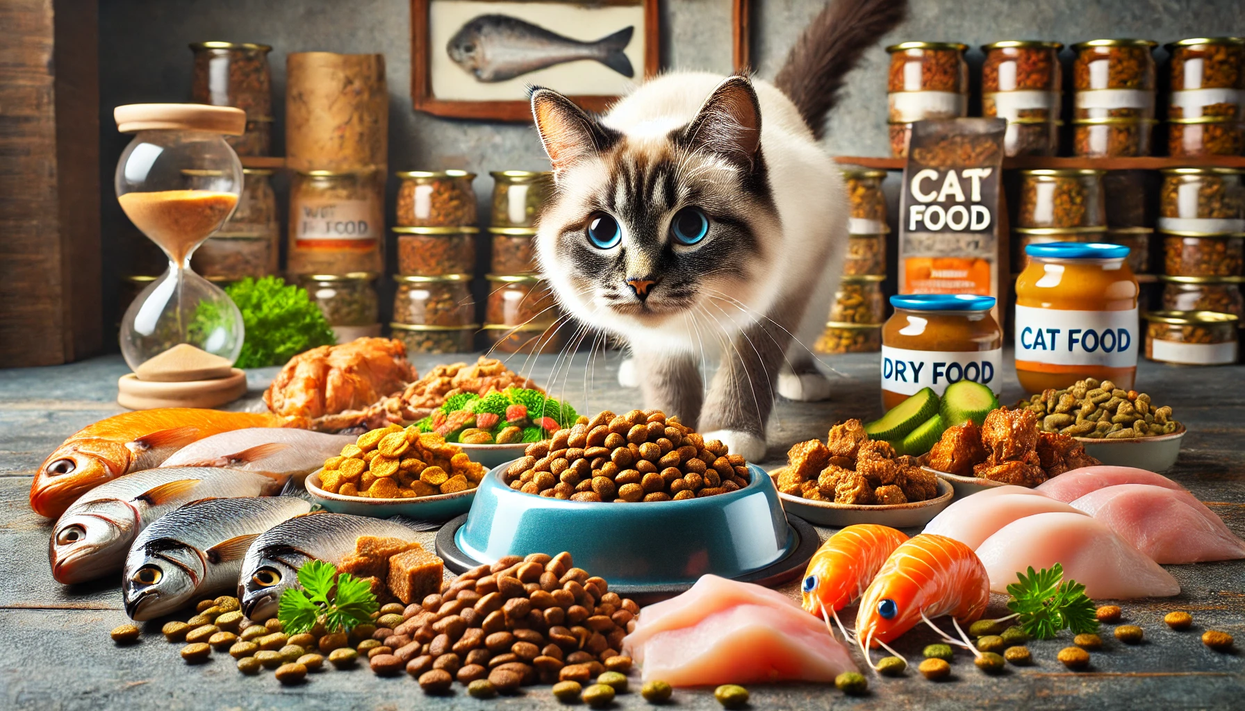A playful Siamese cat approaching a bowl filled with various cat food options, surrounded by different protein sources.