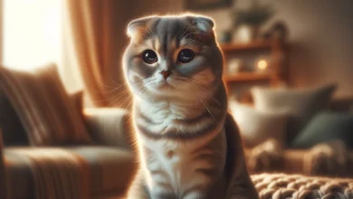 A Scottish Fold cat sitting gracefully indoors with folded ears and a round face.