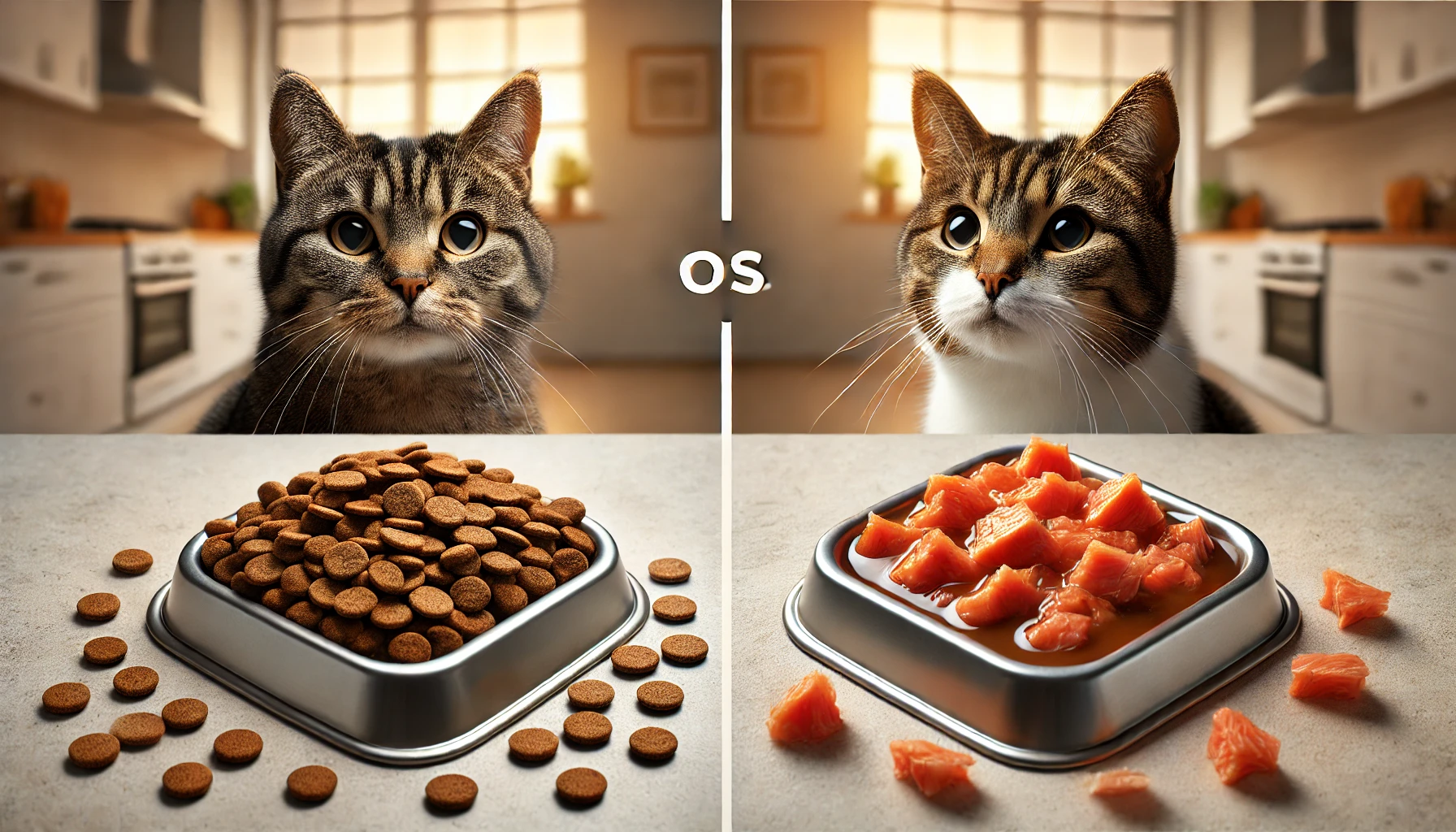 Image contrasting dry and wet cat food with a curious cat looking at both options.