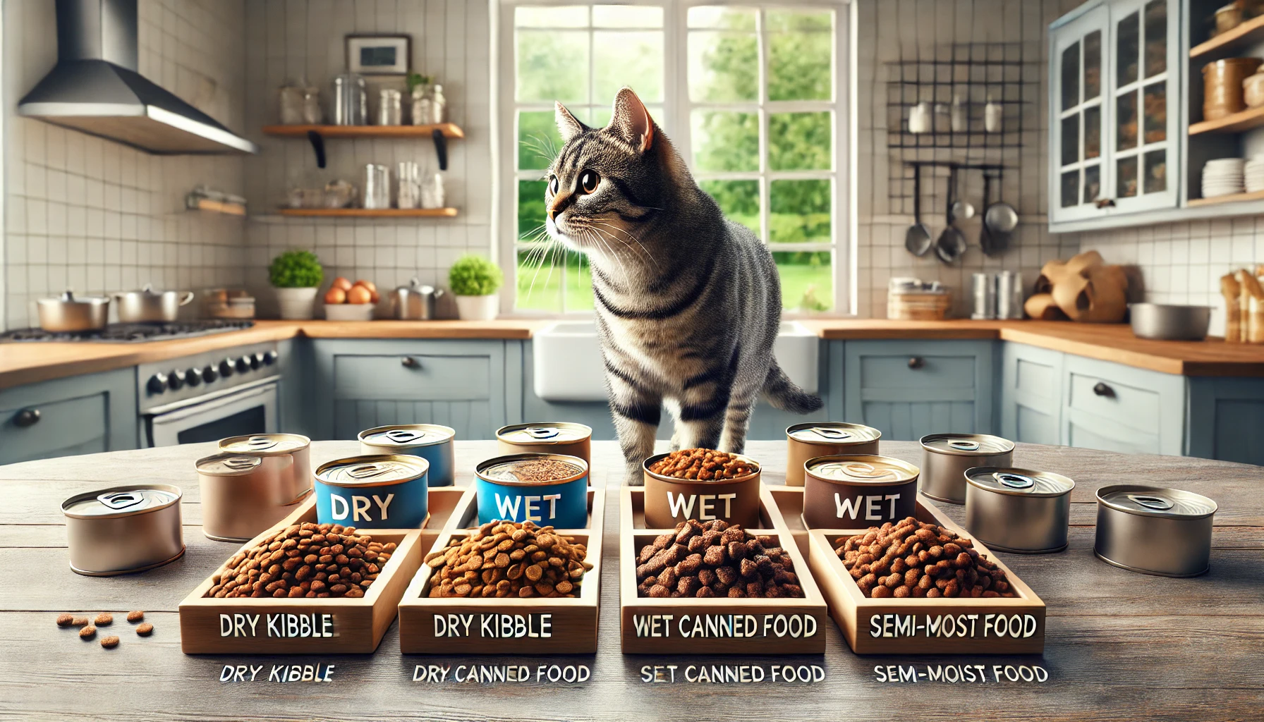 Three types of cat food: dry kibble, wet canned food, and semi-moist food on a kitchen table with a curious tabby cat.