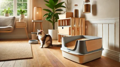 Clean and organized eco-friendly cat litter area with wood-based litter and natural elements.
