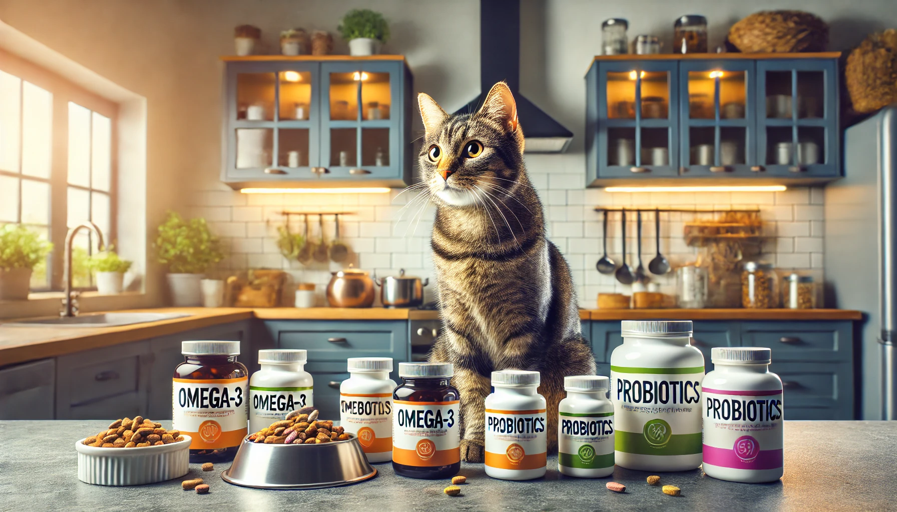 A tabby cat sitting beside various supplement bottles on a kitchen counter.