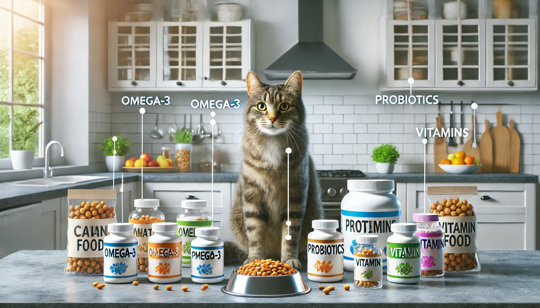 A tabby cat near supplement containers on a kitchen counter with a balanced cat food bowl.