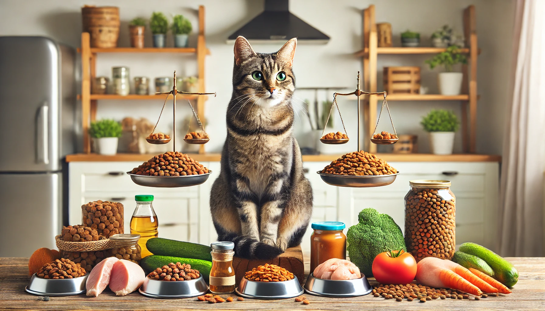 A variety of cat foods for a balanced diet with a content tabby cat in a modern kitchen.