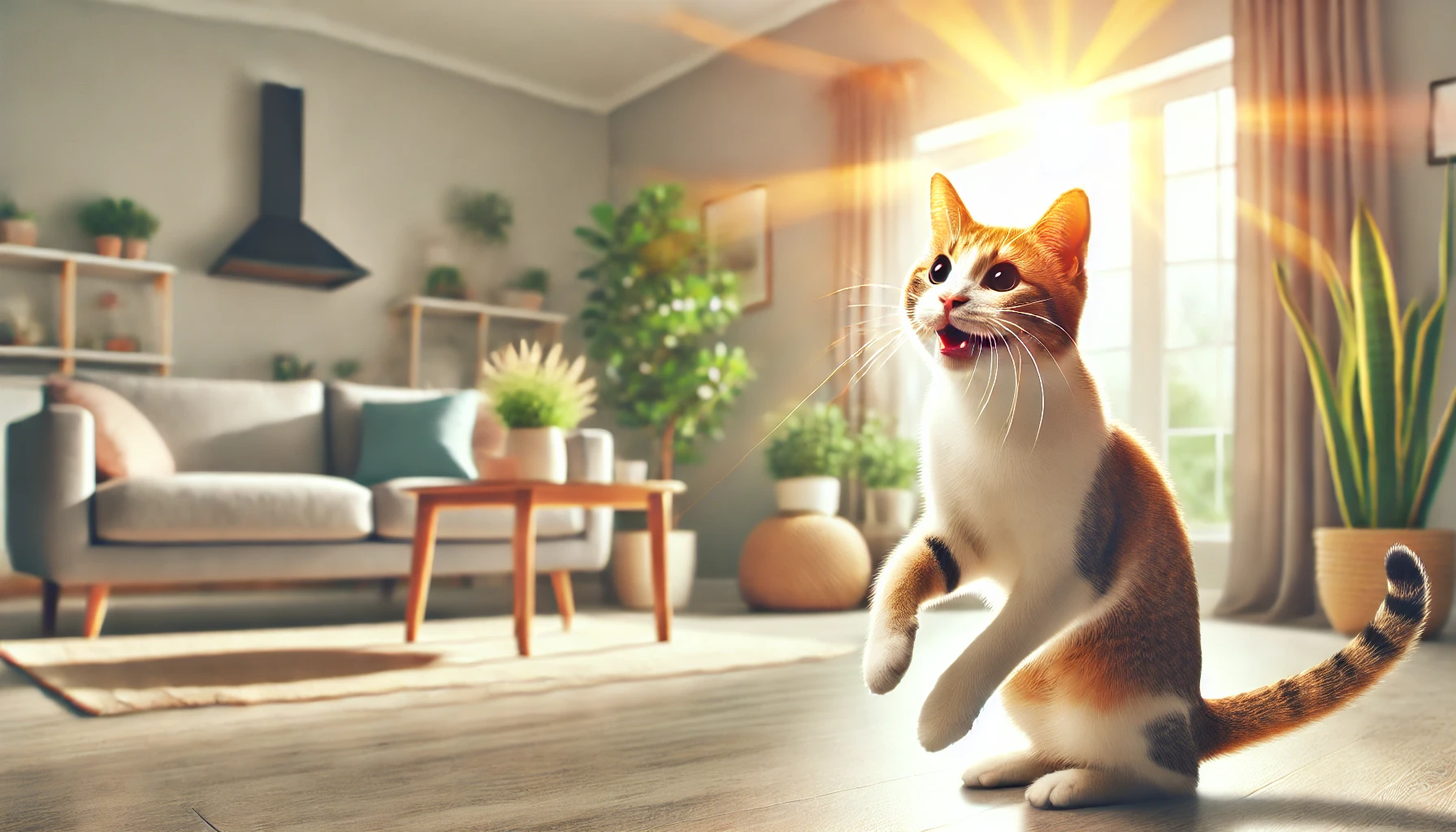 A healthy and energetic cat playing in a bright, clean home environment, symbolizing the success of overcoming and preventing malnutrition.