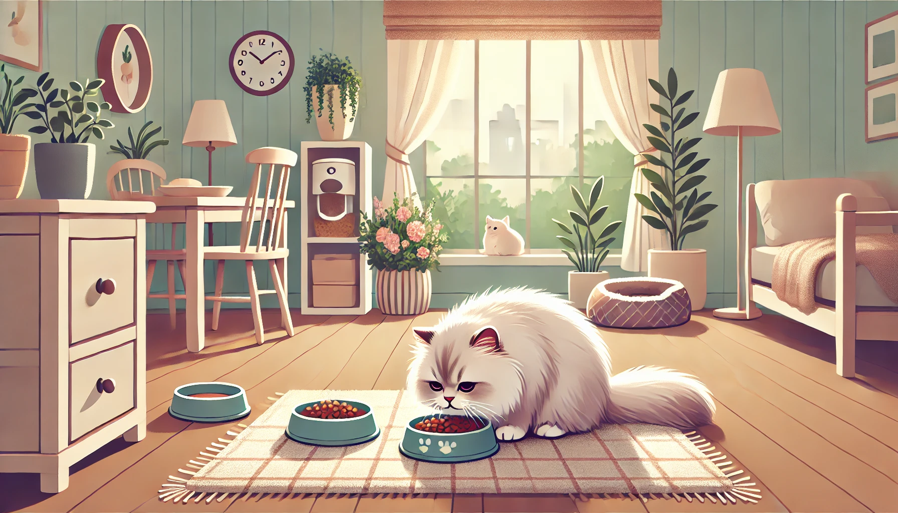 A Persian cat eating from a ceramic bowl in a cozy, quiet dining area.