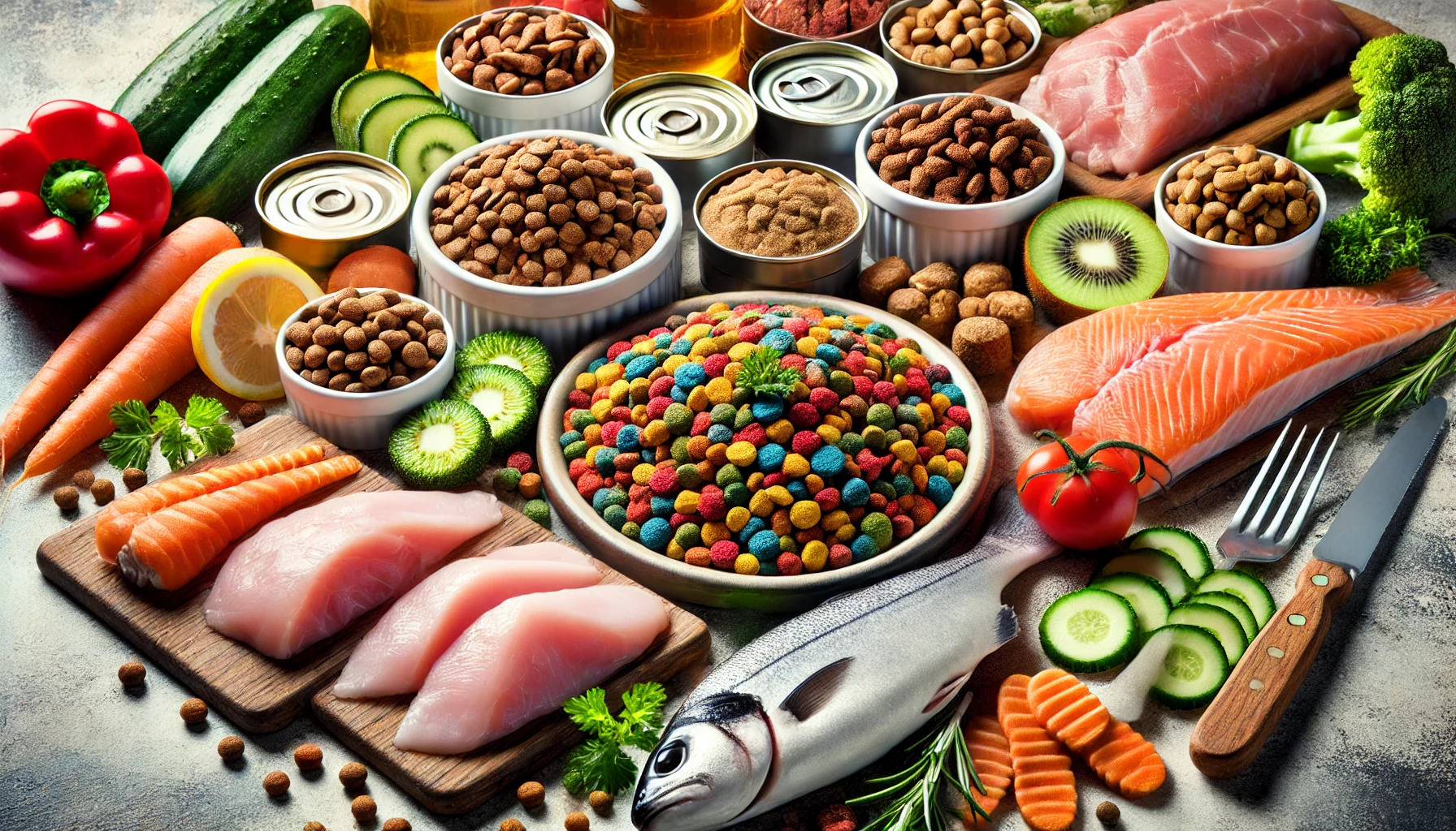 A variety of high-quality cat foods, including dry kibble, wet food, and fresh ingredients.