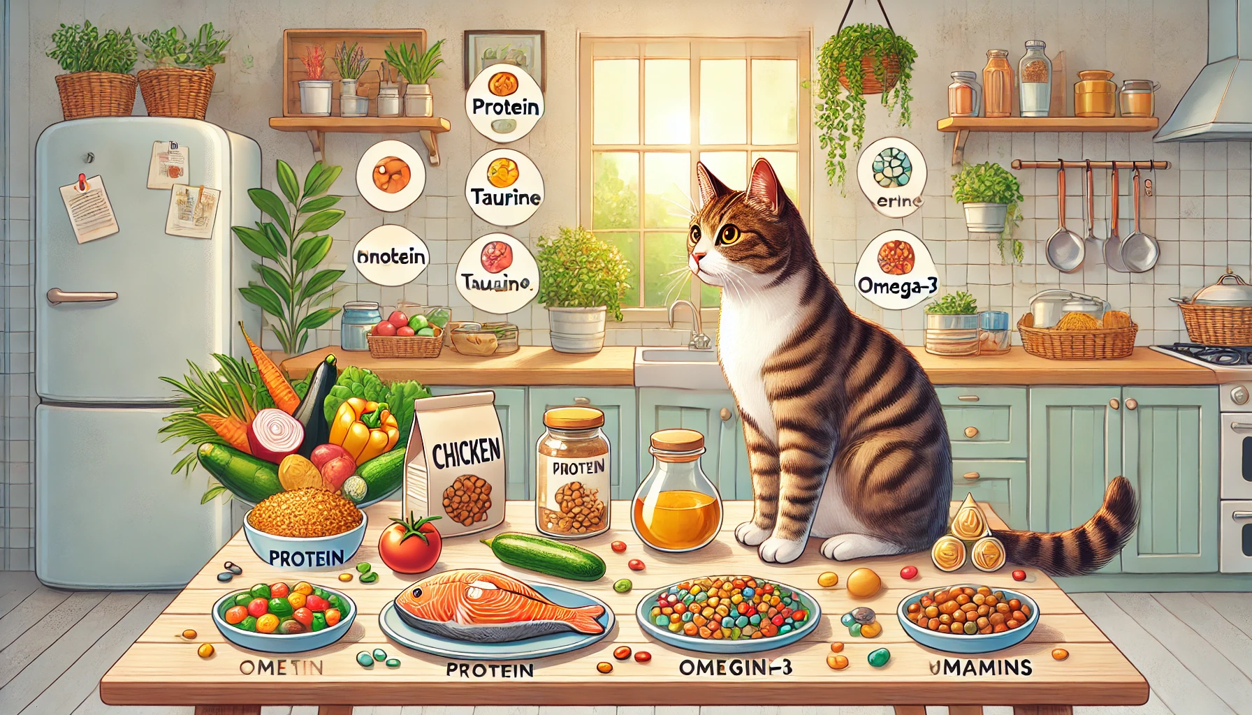 A variety of nutrient-rich foods for cats on a kitchen table with a tabby cat.