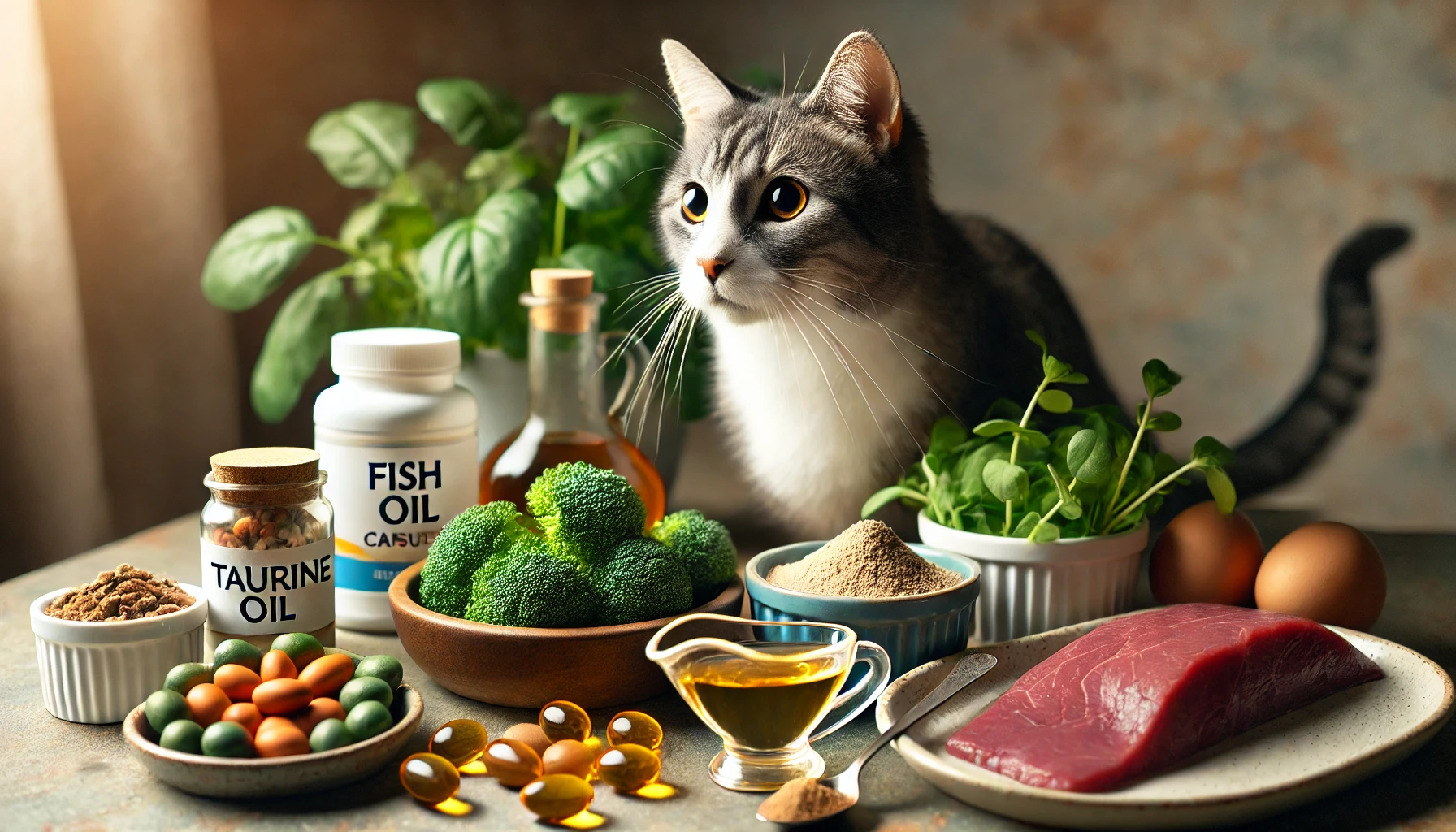 Image highlighting essential nutrients for cats with various nutrient-rich foods and a curious cat observing them.