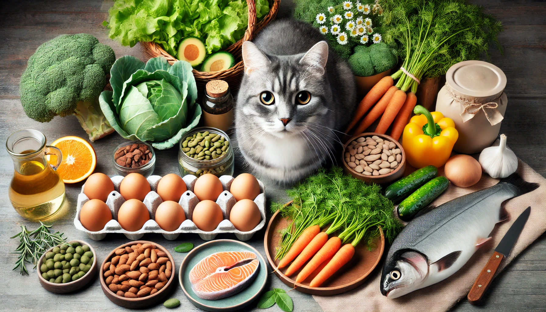 A variety of protein-rich foods for maintaining cat health.