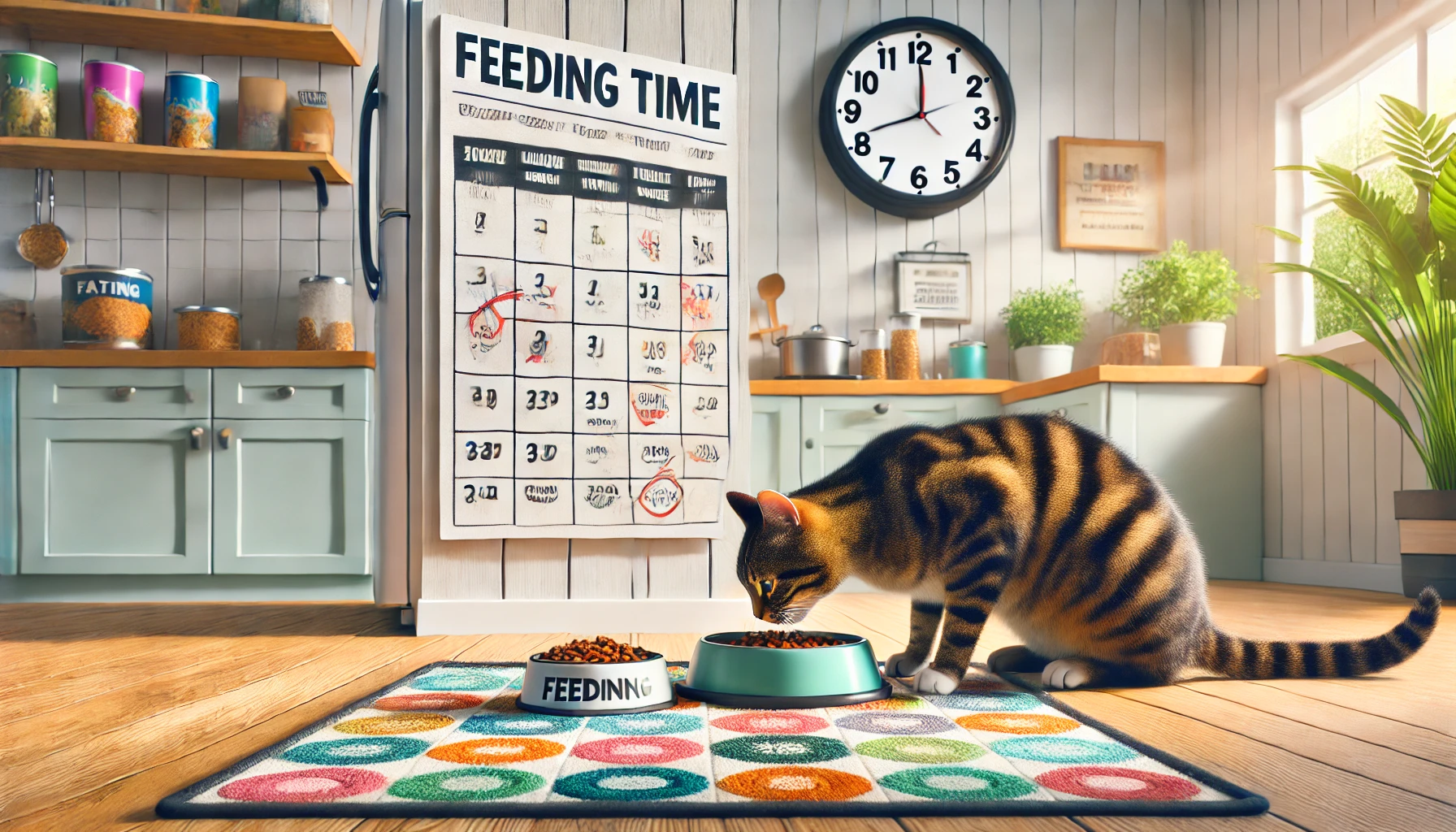 A tabby cat eating from a bowl on a feeding mat with a clock and calendar in the background.