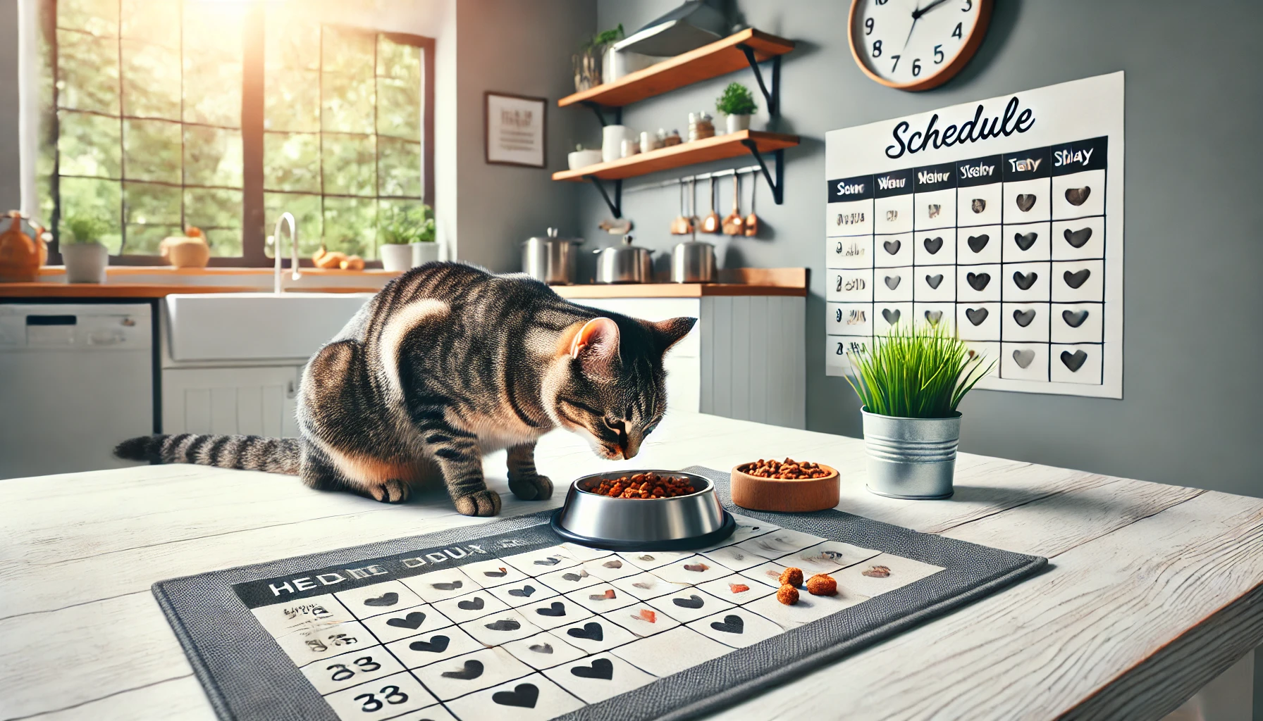 A tabby cat eating from a well-portioned bowl on a feeding mat in a modern kitchen.