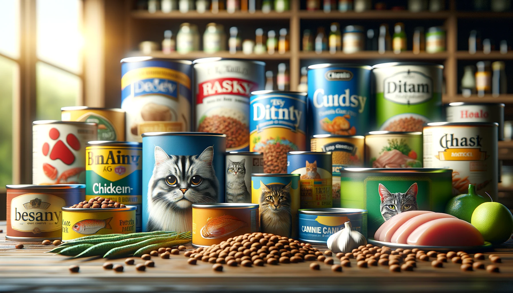 Various commercial cat food brands on a shelf with diverse packaging.