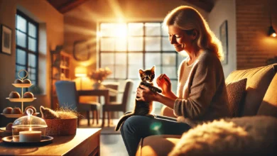 A foster parent gently playing with a kitten in a cozy living room, with soft lighting and comfortable furniture.