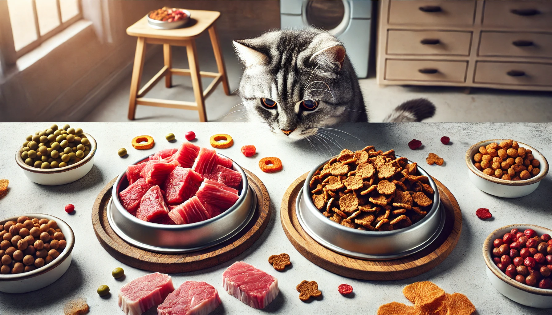 Image showcasing raw and freeze-dried cat food with a curious cat exploring both options in a modern kitchen.