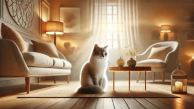 A serene and calming image of a cat sitting quietly in a peaceful environment, surrounded by soft natural lighting and cozy furnishings.
