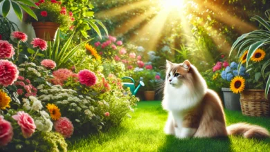 A healthy, fluffy cat in a sunlit garden with flowers and grass