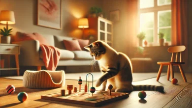 A playful cat engaging with an interactive toy in a cozy living room setting