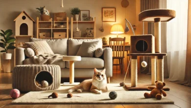 A calm and cozy domestic scene featuring a contented cat lounging in a well-organized living room.
