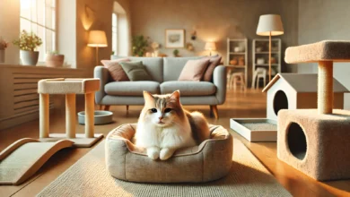A cozy living room with a senior cat resting on an orthopedic bed surrounded by cat-friendly elements.