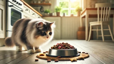 A fluffy cat sniffing a dish of cat food in a peaceful kitchen setting.