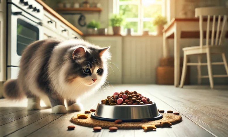 A fluffy cat sniffing a dish of cat food in a peaceful kitchen setting.