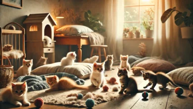 Playful kittens in a cozy indoor room with soft bedding and toys, exploring their safe environment.
