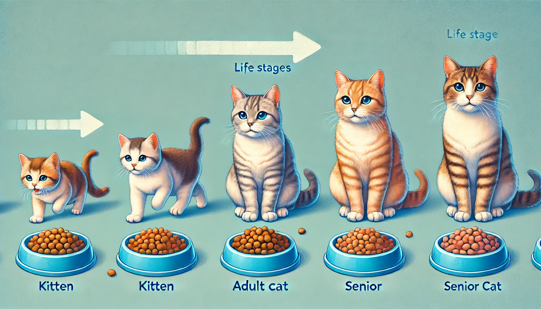 A playful kitten surrounded by nutritious foods essential for its growth.