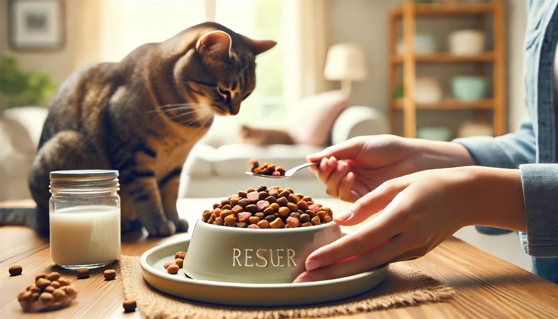 A cat being fed a gentle, nutritious meal in a supportive home environment.