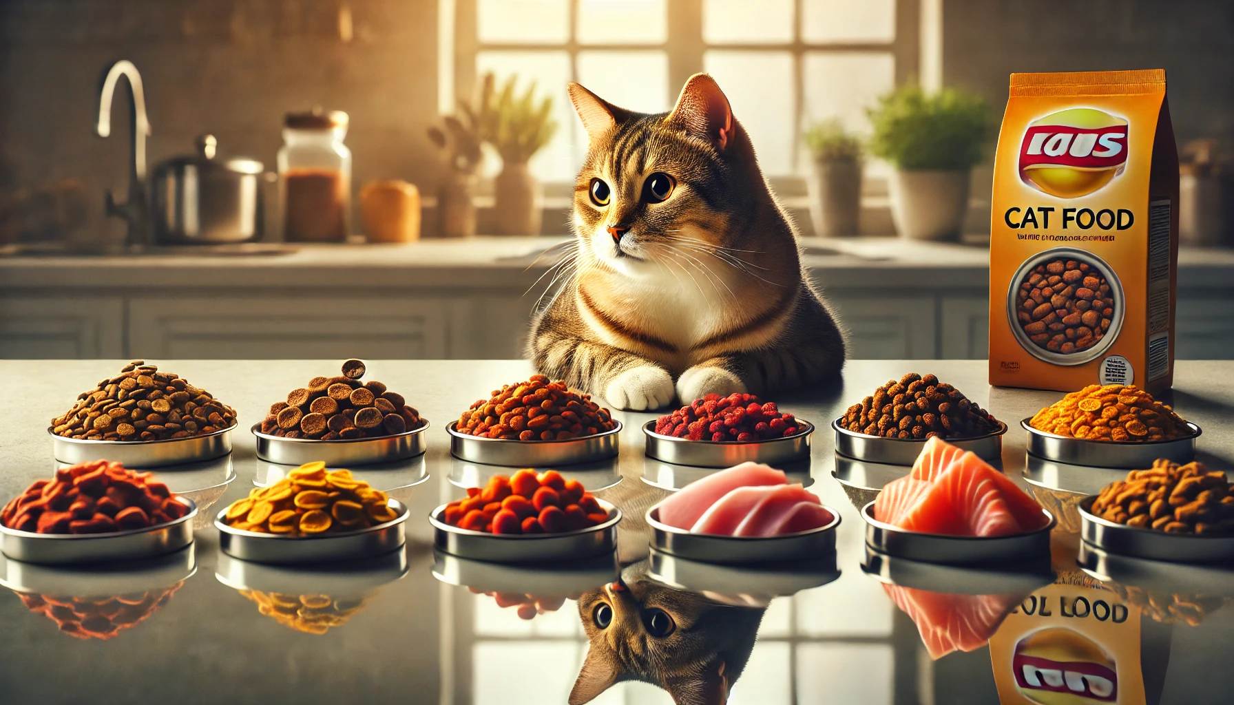 Image capturing the essence of choosing the best cat food with a content cat and various food options.