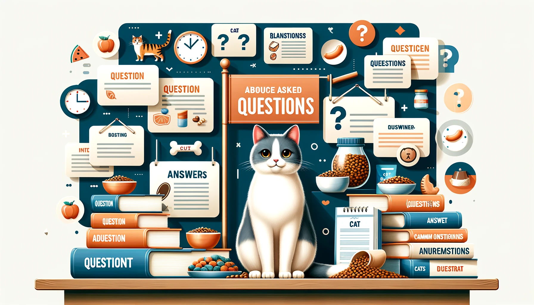 A cat sitting next to question cards and food items related to cat nutrition.