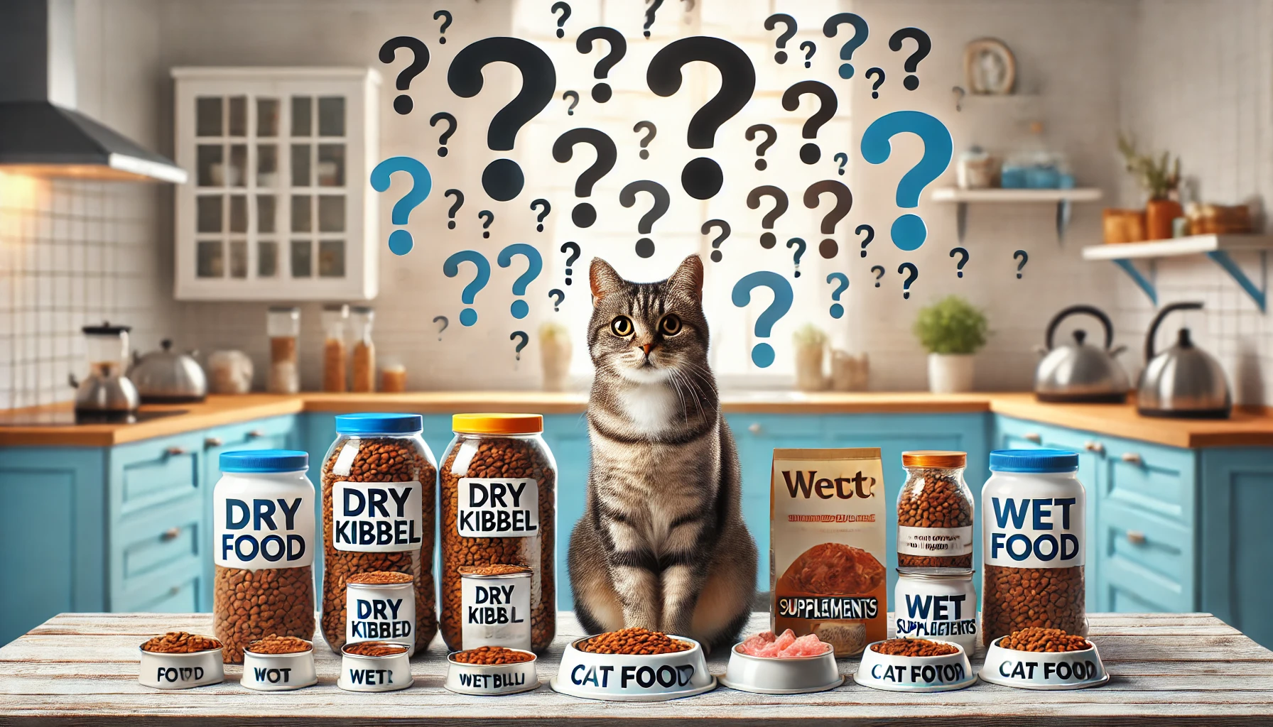 A tabby cat next to various cat food options with floating question marks in a modern kitchen.