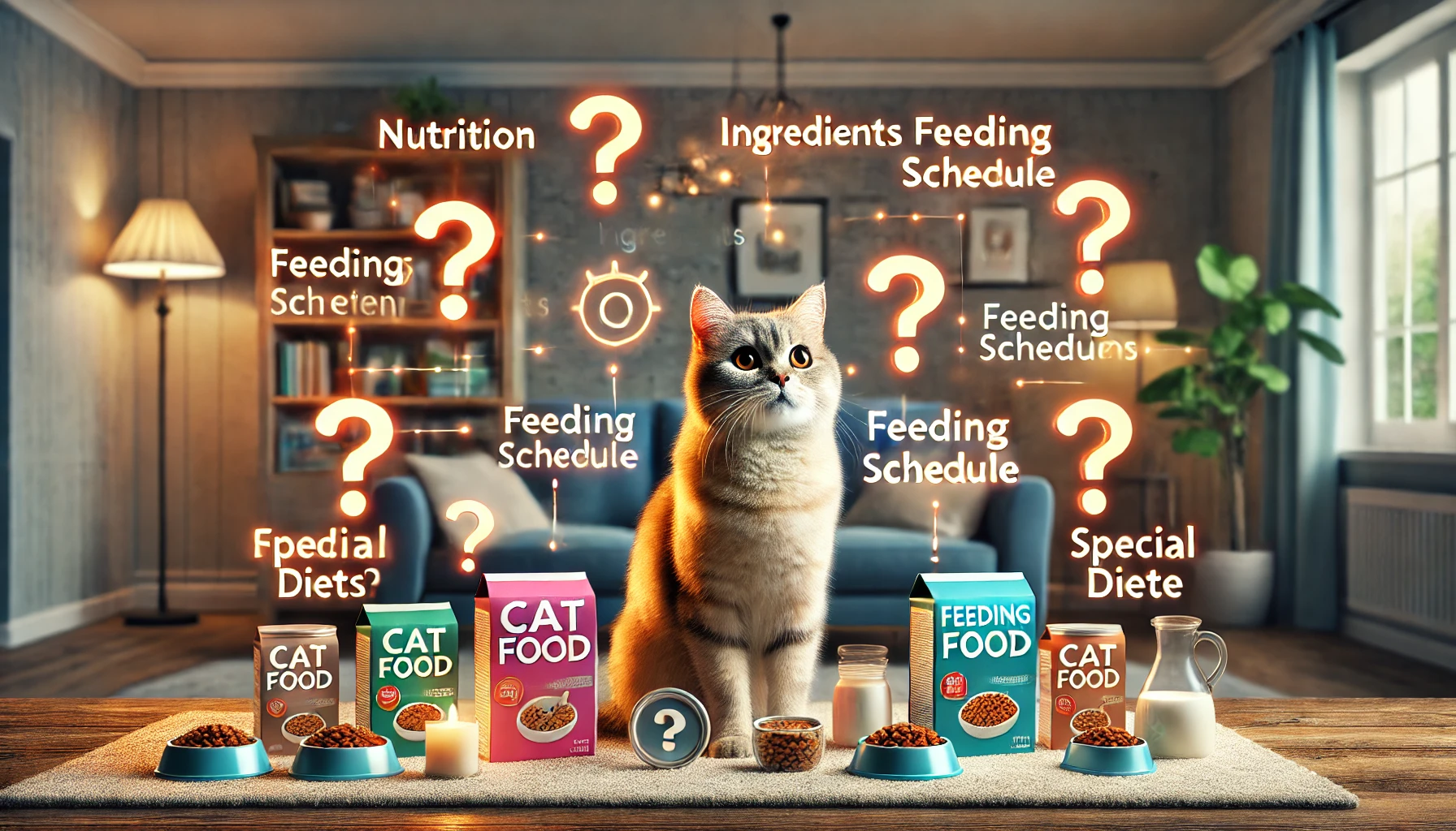 Image representing various questions about cat food with a curious cat and symbolic icons.