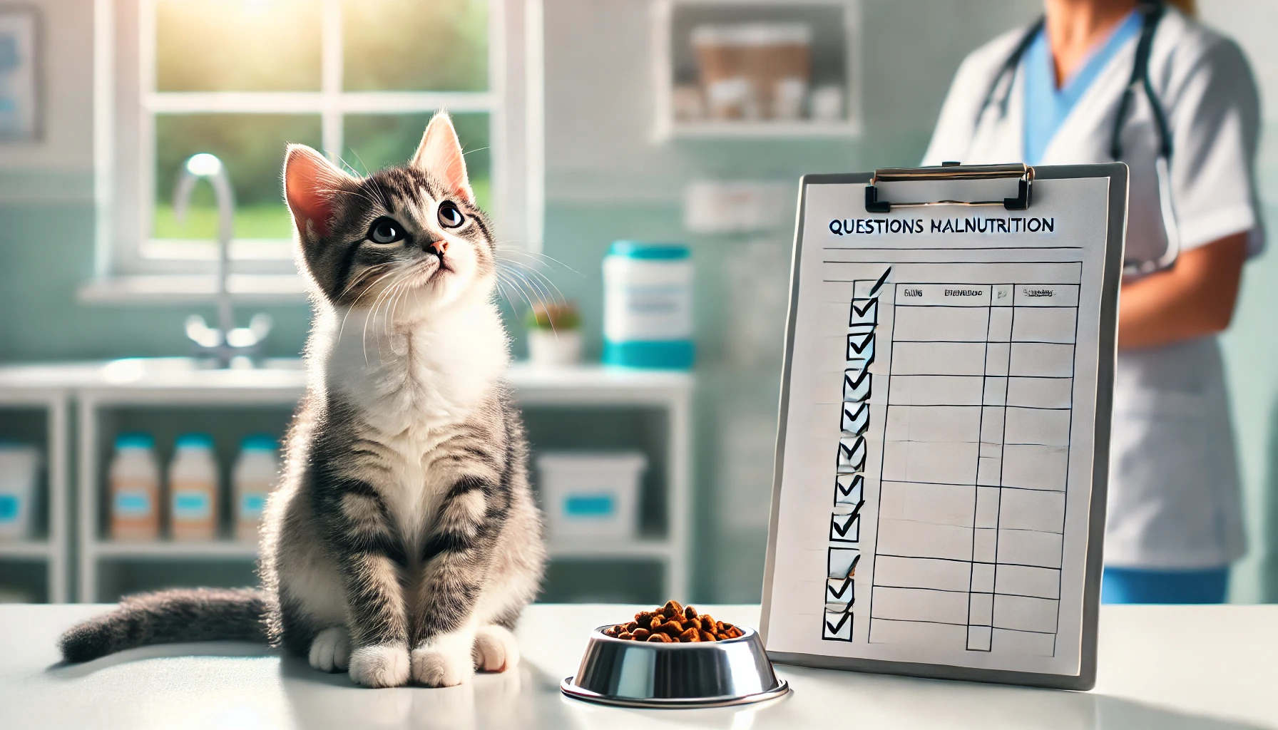 A thoughtful cat sitting near a veterinarian's clipboard with checkmarks, symbolizing questions being answered in a clean veterinary clinic.