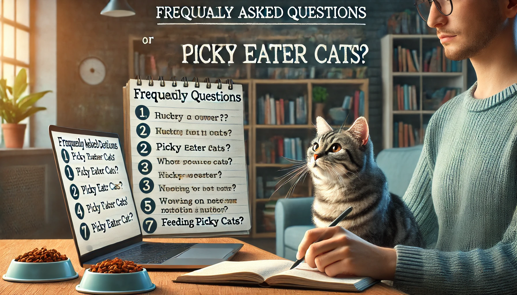 An owner with a laptop and notepad, surrounded by cat care books, addressing questions about picky eaters.