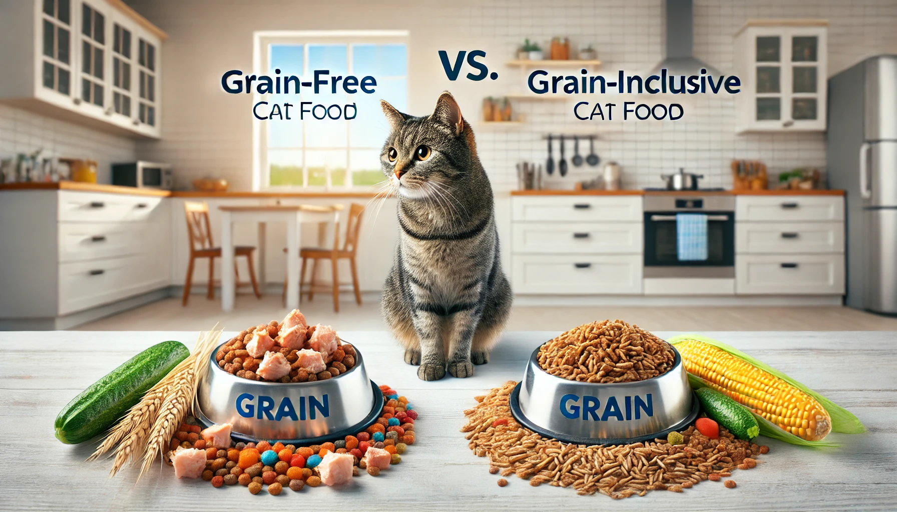 Image comparing grain-free and grain-inclusive cat food options with a curious cat exploring both.